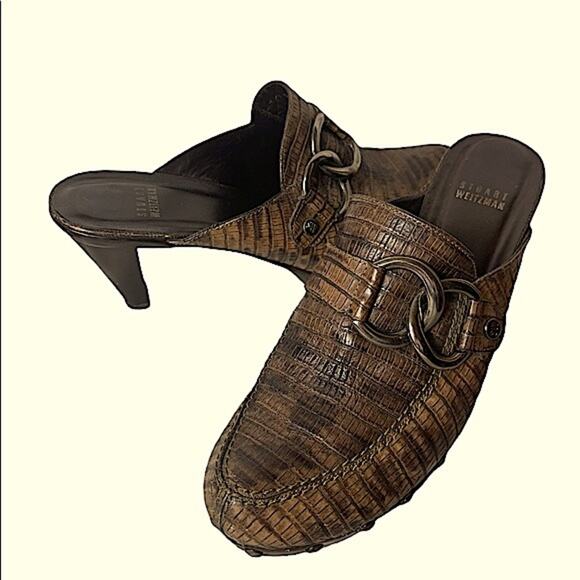 Stuart Weitzman Leather Croc Embossed Mules Clogs Shoes Women's Size 10 - Picture 1 of 11